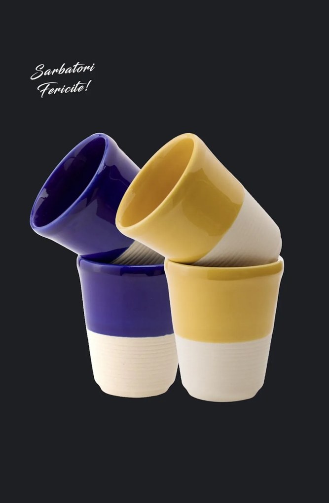 Set Cadou 4 Pahare Ceramica Arhitect Glaze Sarbatori (2 Pahare Albastru Cobalt 200ml, 2 Pahare Galbene 200ml)