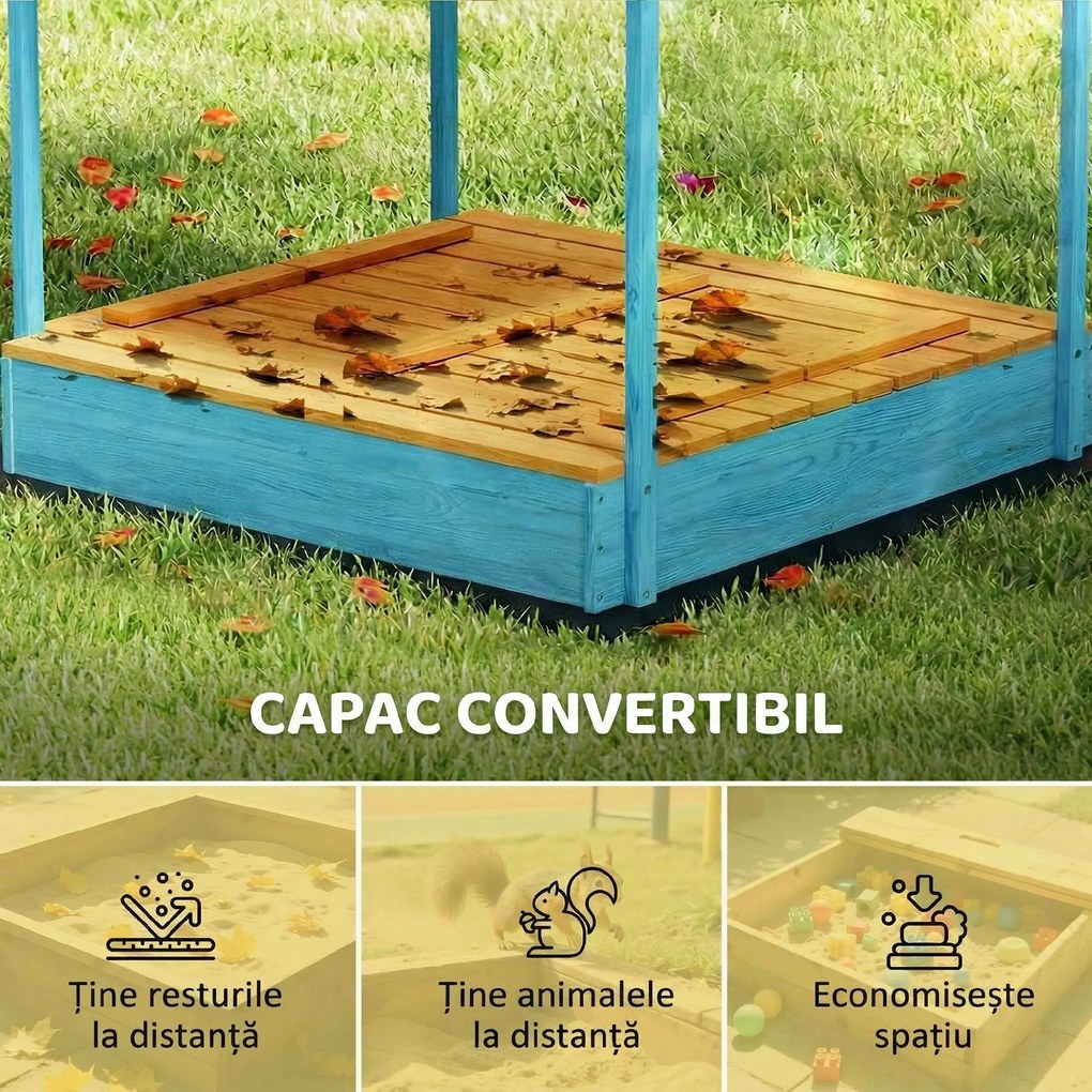 AIYAPLAY Lădiță cu Nisip pentru Copii 3-6 Ani cu Acoperiș Dinosauri, Bănci Pliabile, Capac și Husă Incluse, Lădiță de Nisip din Lemn de Brad, 134,5x127,5x130 cm, Albastru | Aosom Romania