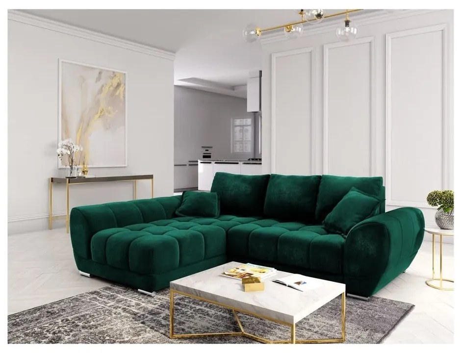 Colțar extensibil cu tapițerie de catifea și șezlong pe partea stângă Windsor & Co Sofas Nuage, verde smarald