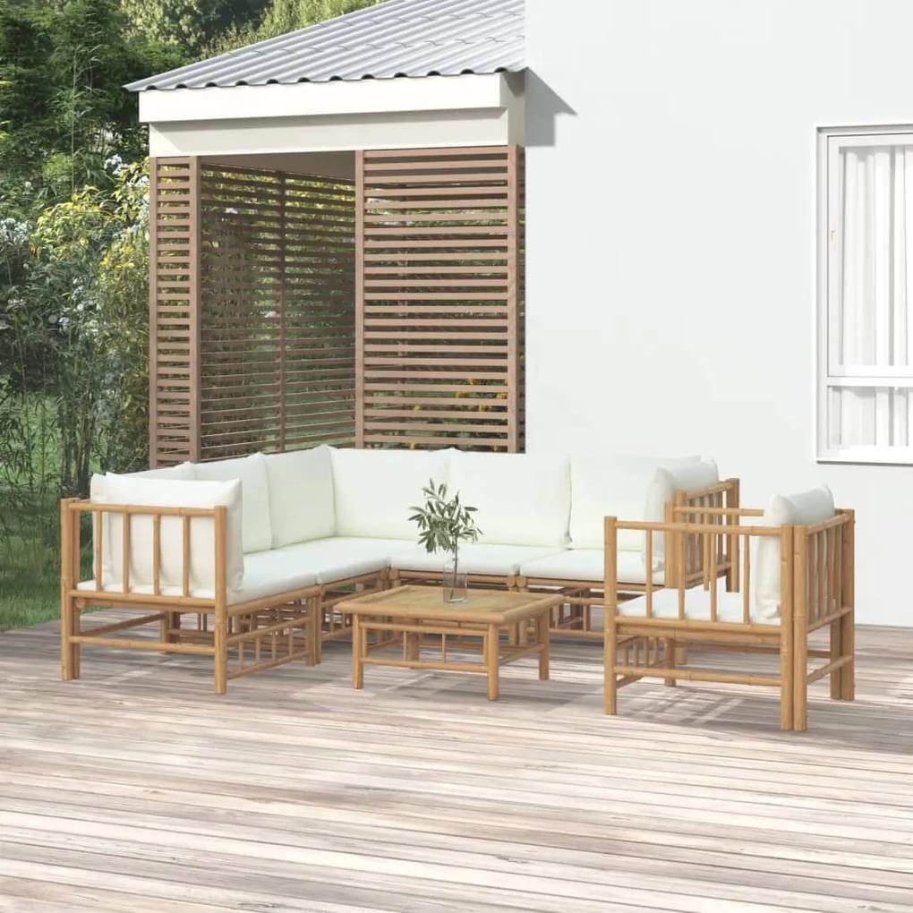 3155189 vidaXL Set mobilier de grădină cu perne alb crem, 7 piese, bambus