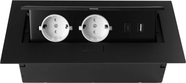 Priză încorporabilă în blat GTV, 2 prize Schuko, USB A + C, negru, 265 x130 mm L:265 mm; l:130 mm; H:110 mm, Aluminiu/ plastic, Negru
