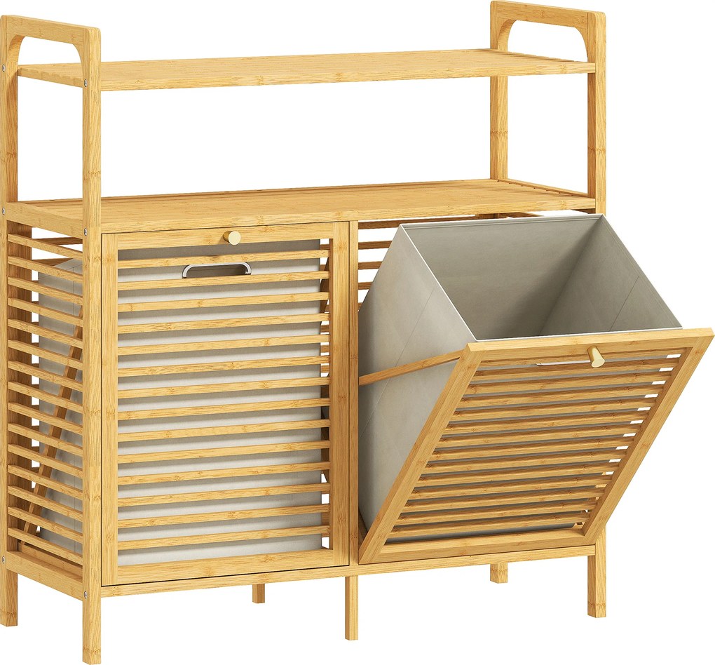 HOMCOM Mobilier pentru Rufe de Baie cu 2 Compartimente Basculante, 82L, Suport pentru Rufe Murdare din Bambus cu Coșuri Detașabile și Lavabile și 2 Rafturi, pentru Spălătorie și Baie, 82x33x88 cm, Culoare Lemn | Aosom Romania