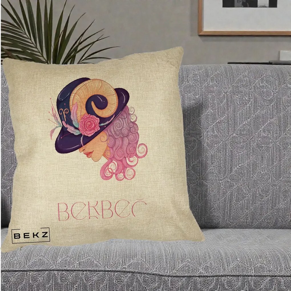 Perna Personalizata Zodie Berbec, 40x40 cm, Crem, Husa Detasabila, Perna Inclusa, BEKZ®
