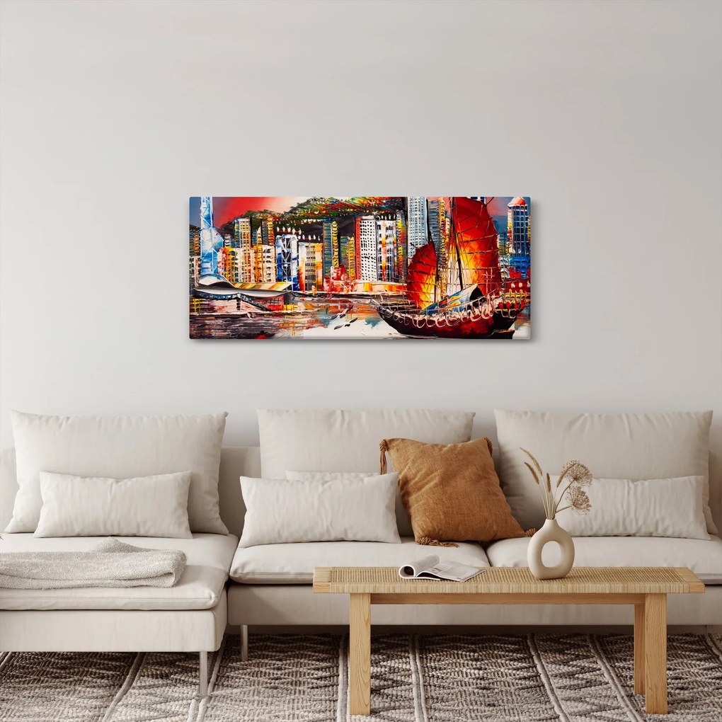 Tablou - Victoria Harbour, Hong Kong, pictură în ulei (120x50 cm)
