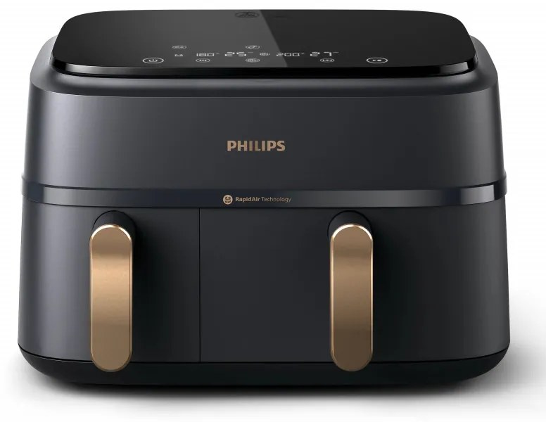 Friteuza cu aer cald dubla Philips NA352/00, 2750 W, 6+3 L, 80-200°C, 1,5 kg, 8 programe, Ecran tactil, Copiere si sincronizare, Negru