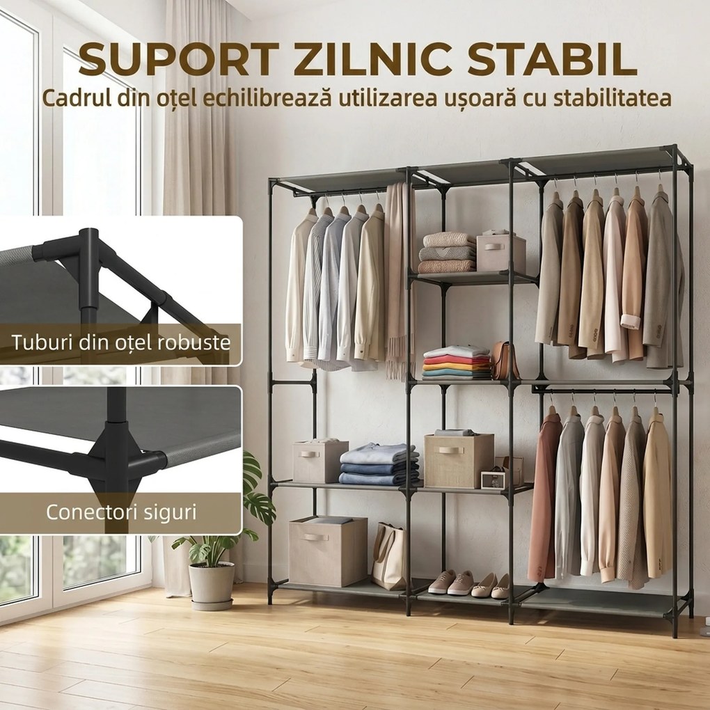 HOMCOM Dulap Textil Compact cu 3 Bare pentru Umerașe, 5 Rafturi și Structură din Oțel, 182 x 43 x 182 Cm, Negru | Aosom Romania