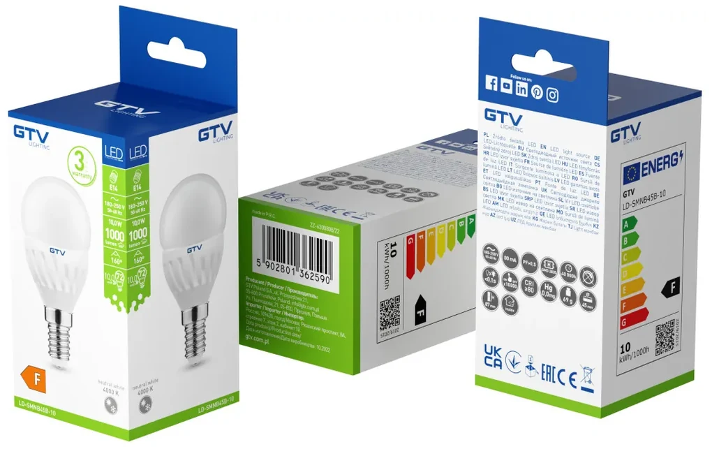 Bec LED sferic GTV, E14, 10W(72W), 1000 lm, lumina calda (3000K), clasa energetica F