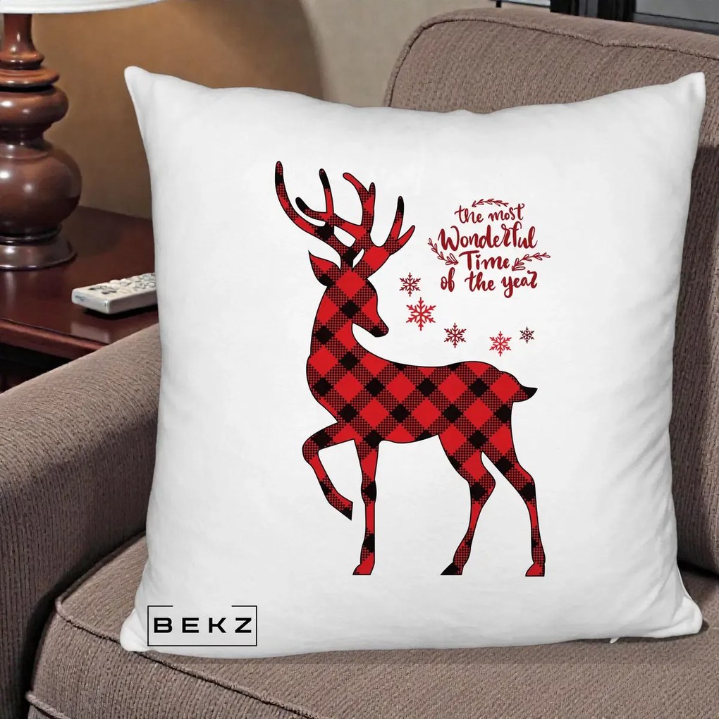 Perna Decorativa Ren Buffalo Plaid Craciun, 40x40 cm, Alb Pufos, Husa Detasabila, Perna Inclusa, BEKZ®