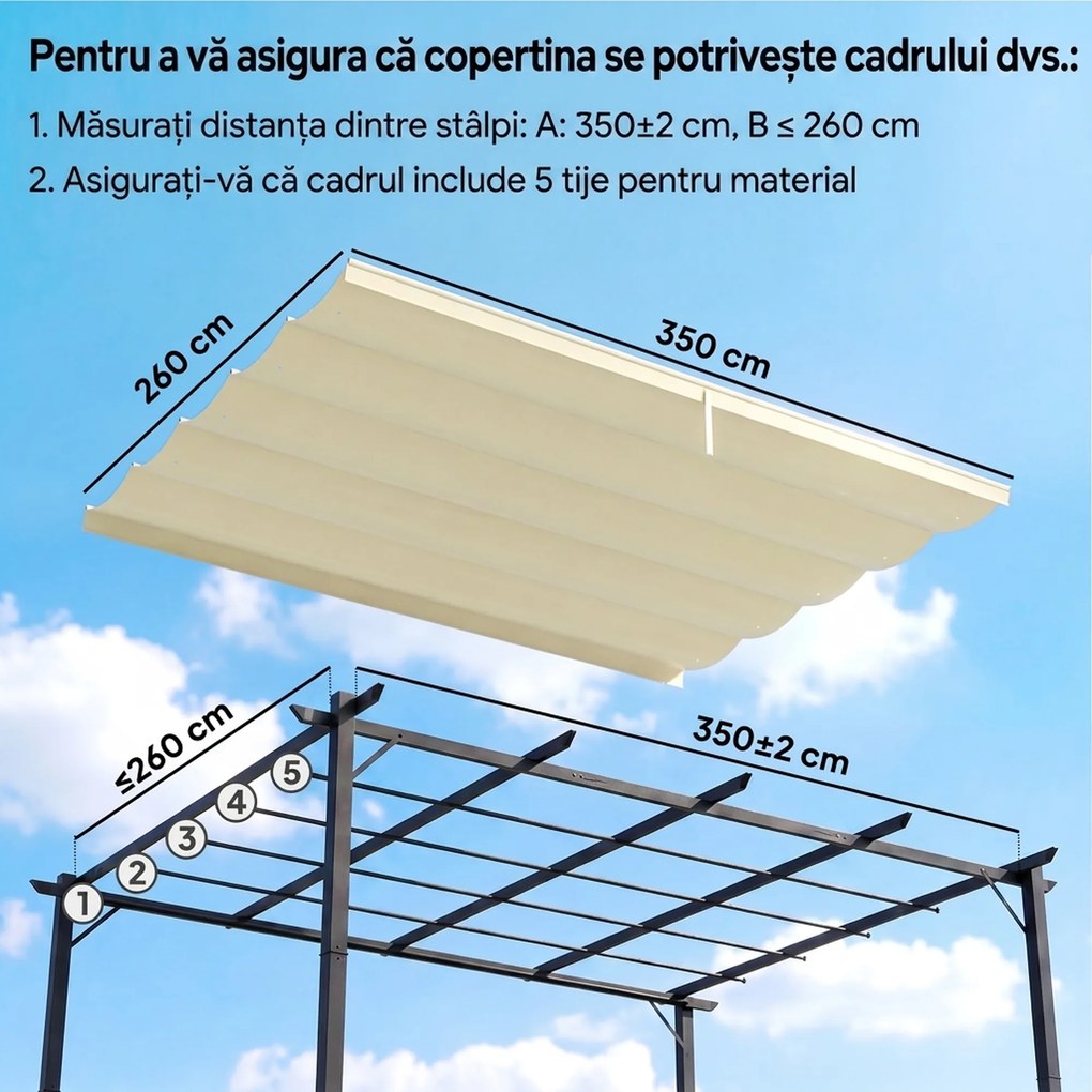 Outsunny Copertină de Schimb pentru Pergolă de Grădină cu 10 Orificii de Drenaj, Acoperire din Poliester, 250x255 cm, Gri | Aosom Romania