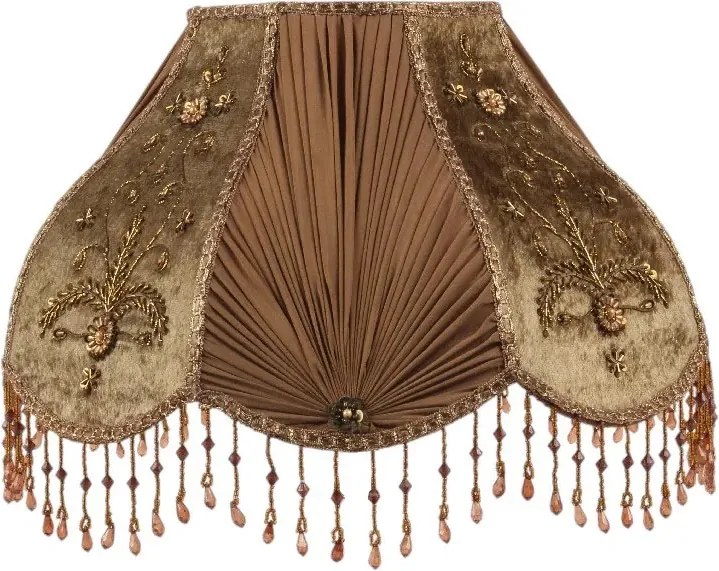 Abajur victorian din textil, maro, în formă de cupolă, cu broderie, plisuri și franjuri cu mărgele, 22 x 39 cm, „Albertine”