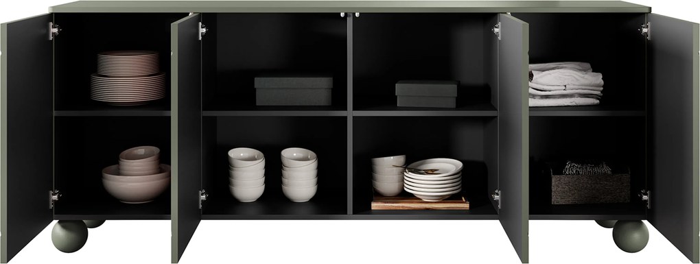 Comodă Sonatia II 200 cm cu patru uși - verde măsliniu / picioare sferice