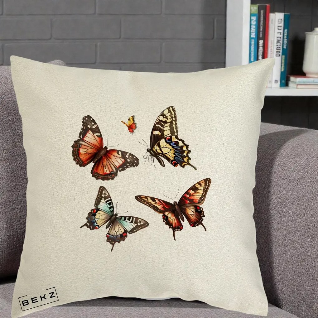 Perna Decorativa Colectie Fluturi Multicolori, 40x40 cm, Ecru, Husa Detasabila, Perna Inclusa, BEKZ®
