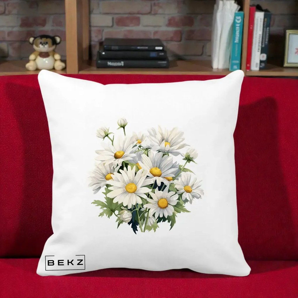 Perna decorativa cu flori: Buchet Margarete Albe Acuarela, 40x40 cm cu Umplutura, Alb Mat, BEKZ