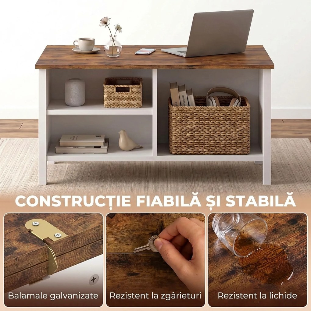 HOMCOM Cufăr de Depozitare 80x60x40 cm, cu Capac Rabatabil, Rafturi Deschise și Compartiment Ascuns, Maro Rustic | Aosom Romania