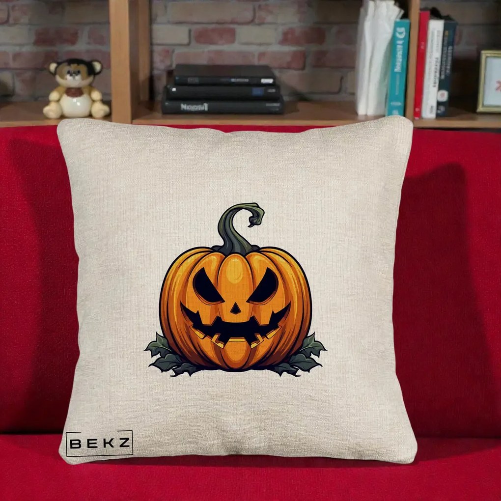 Perna Decorativa Halloween Jack-o'-Lantern Infricosator, 40x40 cm, Bej Canapea, Husa Detasabila, Perna Inclusa, BEKZ®