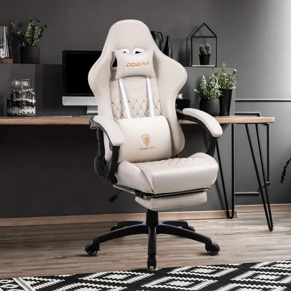 DOWINX Scaun gaming, ergonomic, suport lombar cu masaj, spătar înalt, reglabil, tetieră, suport picioare, rezistent 150 kg, piele PU, Ivory