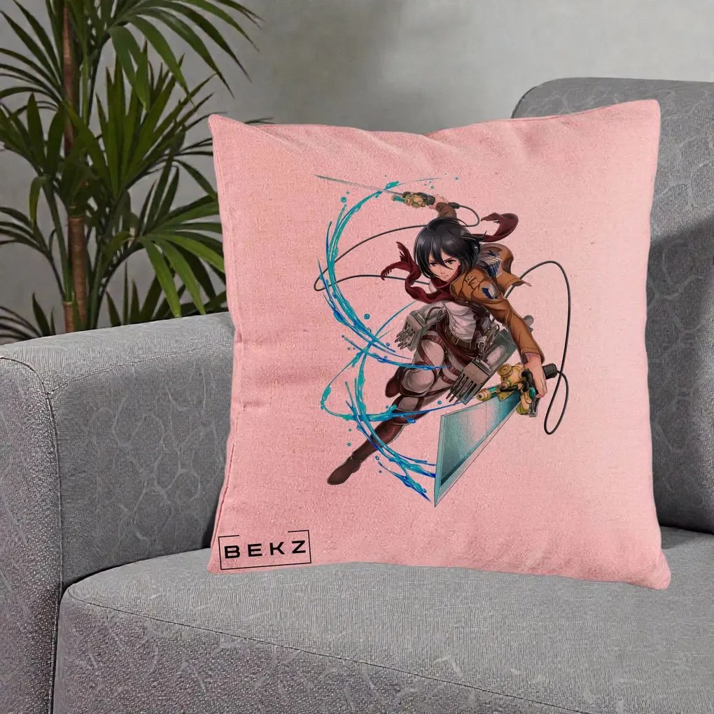 Perna Personalizata Attack on Titan Mikasa Ackerman Lupta, 40x40 cm, Roz, Husa Detasabila, Perna Inclusa, BEKZ®