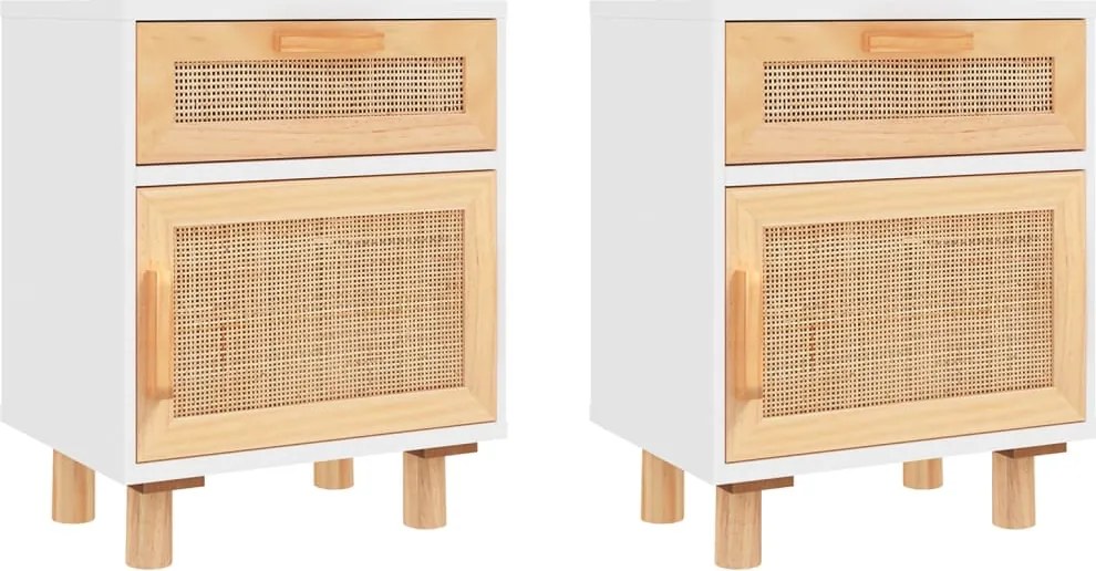 vidaXL Noptiere, 2 buc., alb, lemn masiv de pin și ratan natural