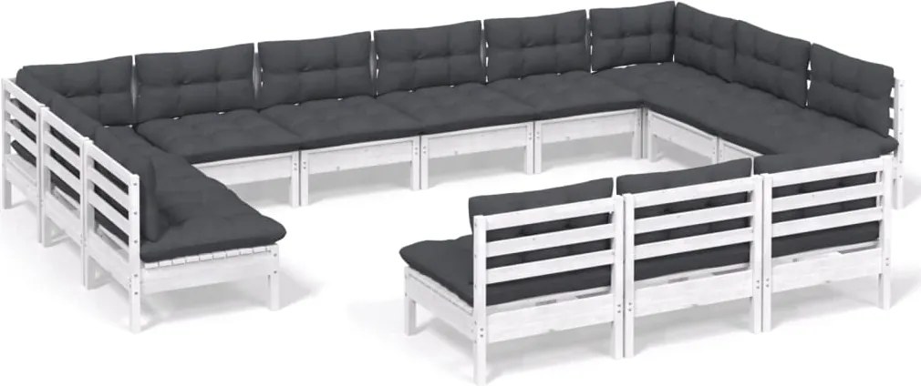vidaXL Set mobilier de grădină cu perne, 13 piese, alb, lemn masiv pin