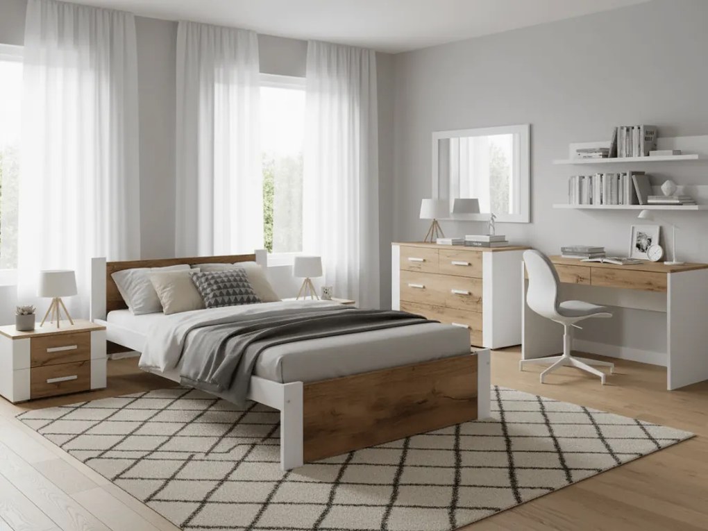 Pat de o persoana IKAROS 90 x 200 cm, stejar artisan/alb Saltele: Cu saltele Deluxe 10 cm, Somiera pat: Cu lamele drepte