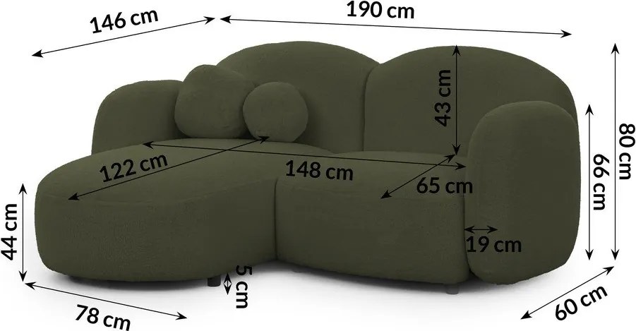 Colțar verde cu tapițerie din țesătură bouclé (cu colț pe partea stângă/cu șezlong) Orbit – Ropez