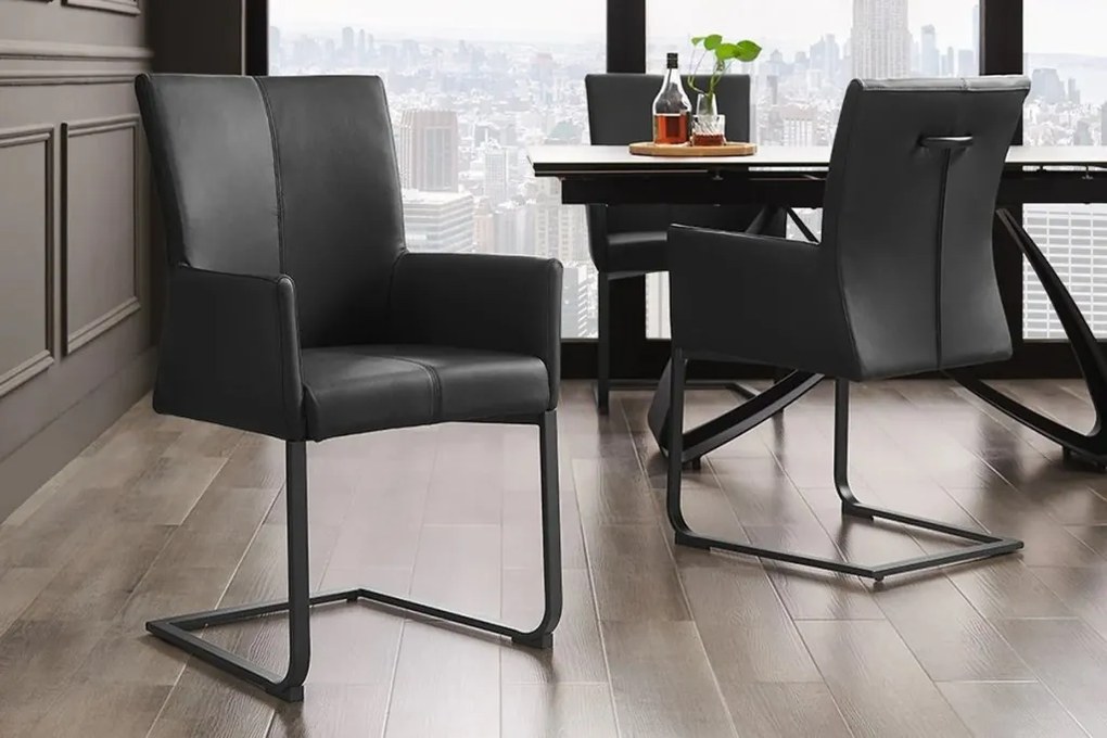 Scaun cu brate, Metal, Piele Naturala, Negru, SAMSON A-45176 VC