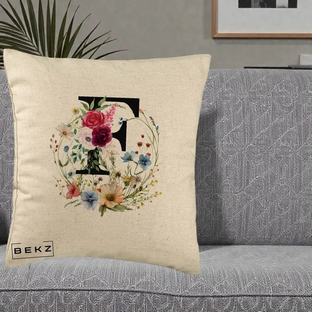 Cadou Personalizat - Perna Personalizata Monogram Litera F cu Flori Acuarela, 40x40 cm, Bej, Husa Detasabila, Perna Inclusa, BEKZ®