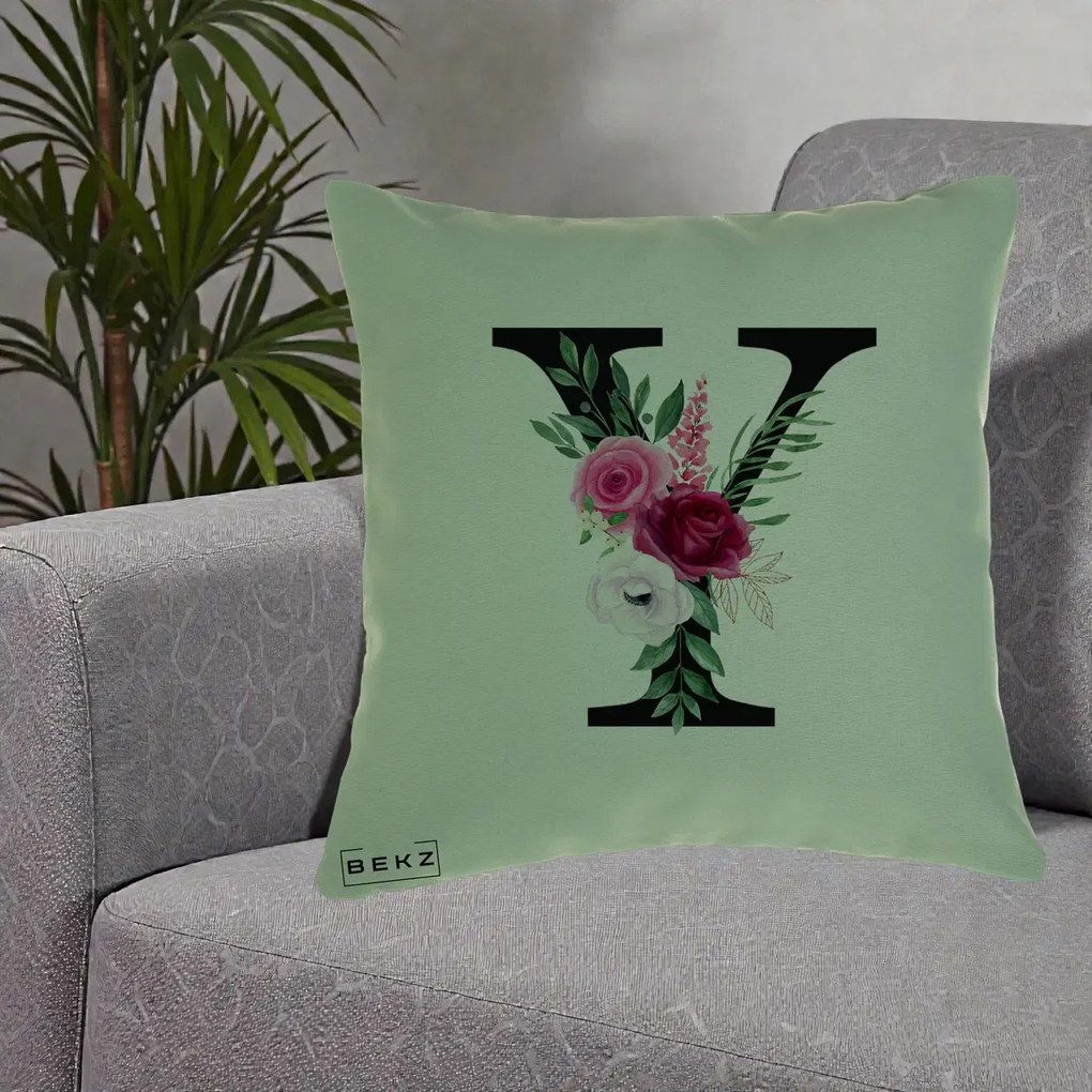 Cadou Personalizat - Perna Personalizata Monograma Florala Litera Y cu Buchet, 40x40 cm, Verde, Husa Detasabila, Perna Inclusa, BEKZ®