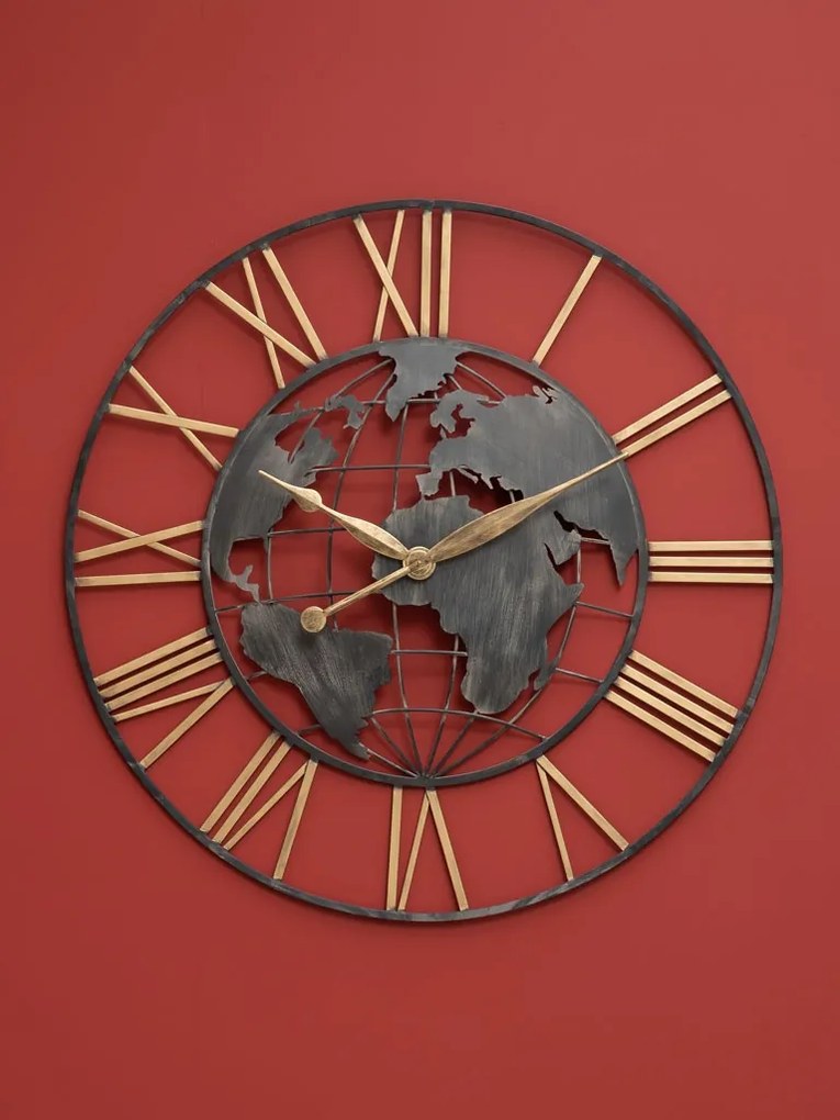 Ceas decorativ, de perete, din metal, Worldmap