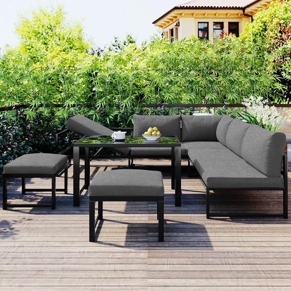 Set de mobilier de grădină din 5 piese, grup de ședere cu spătar reglabil, Negru+Gri
