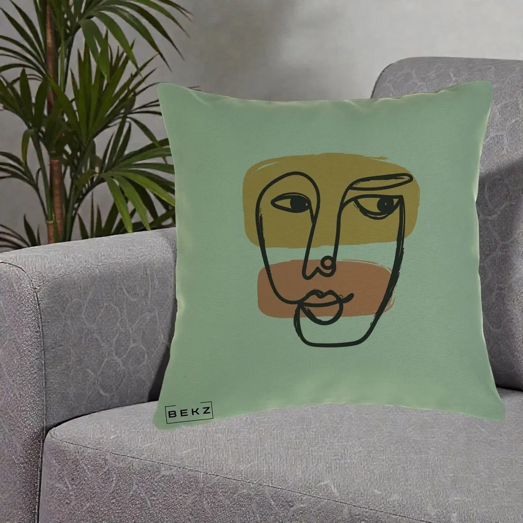 Perna Decorativa Portret Abstract Line Art Portocaliu, 40x40 cm, Verde, Husa Detasabila, Perna Inclusa, BEKZ®