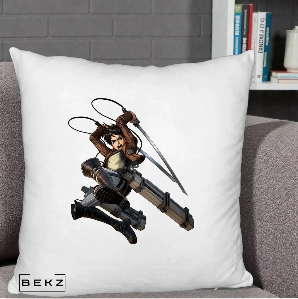 Perna Personalizata Attack on Titan Eren Yeager Lupta, 40x40 cm, Alb Pufos, Husa Detasabila, Perna Inclusa, BEKZ®
