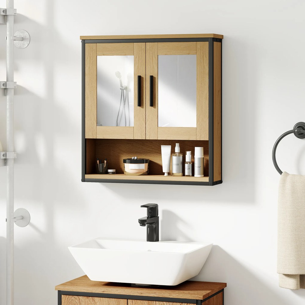HOMCOM Dulap cu oglindă pentru baie, mobilier baie cu compartiment deschis și raft reglabil, stejar | Aosom Romania