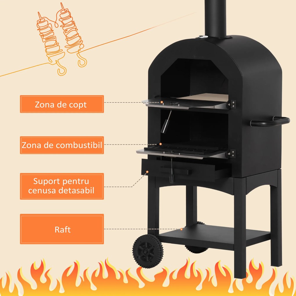 Outsunny Cuptor Portabil cu Cărbune pentru Pizza și Barbecue, Cuptor cu Lemne, Coș de Fum și Raft Inferior, 63x54x161 cm, Negru | Aosom Romania