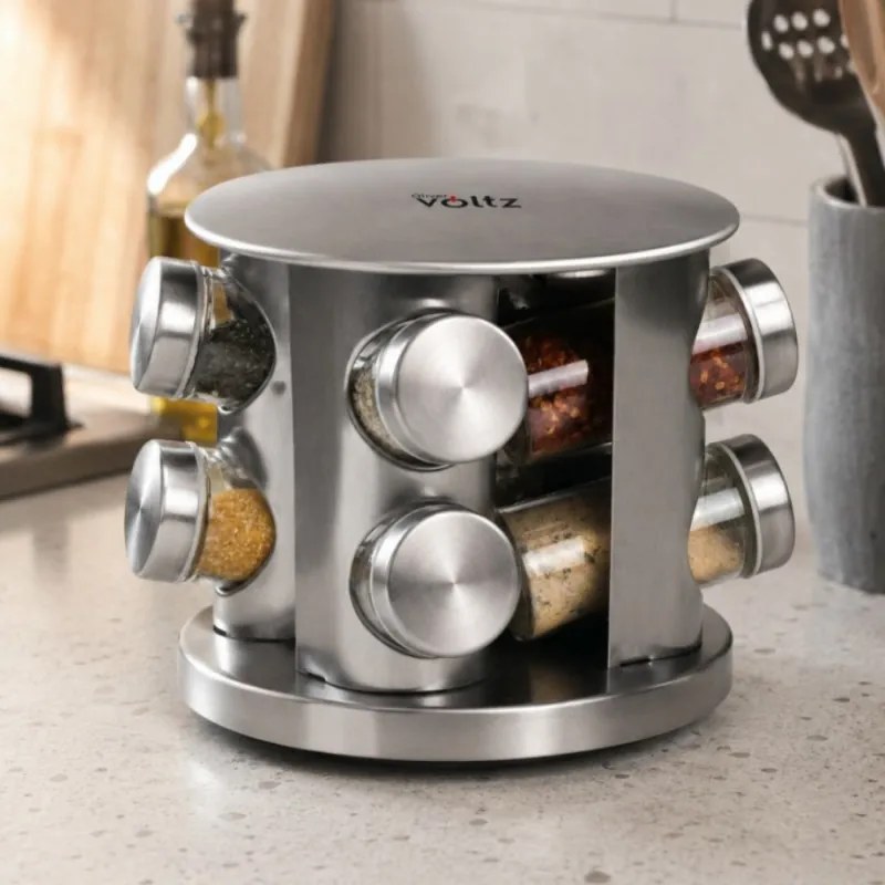 Set recipiente pentru condimente Oliver Voltz OV51217A8, 4 laturi, 8 borcanase, Baza rotativa, Otel inoxidabil