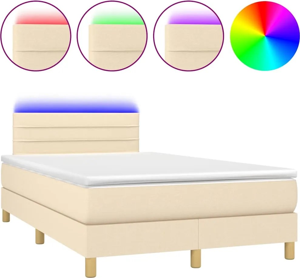 vidaXL Pat cu arcuri, saltea și LED, crem, 120x190 cm, textil