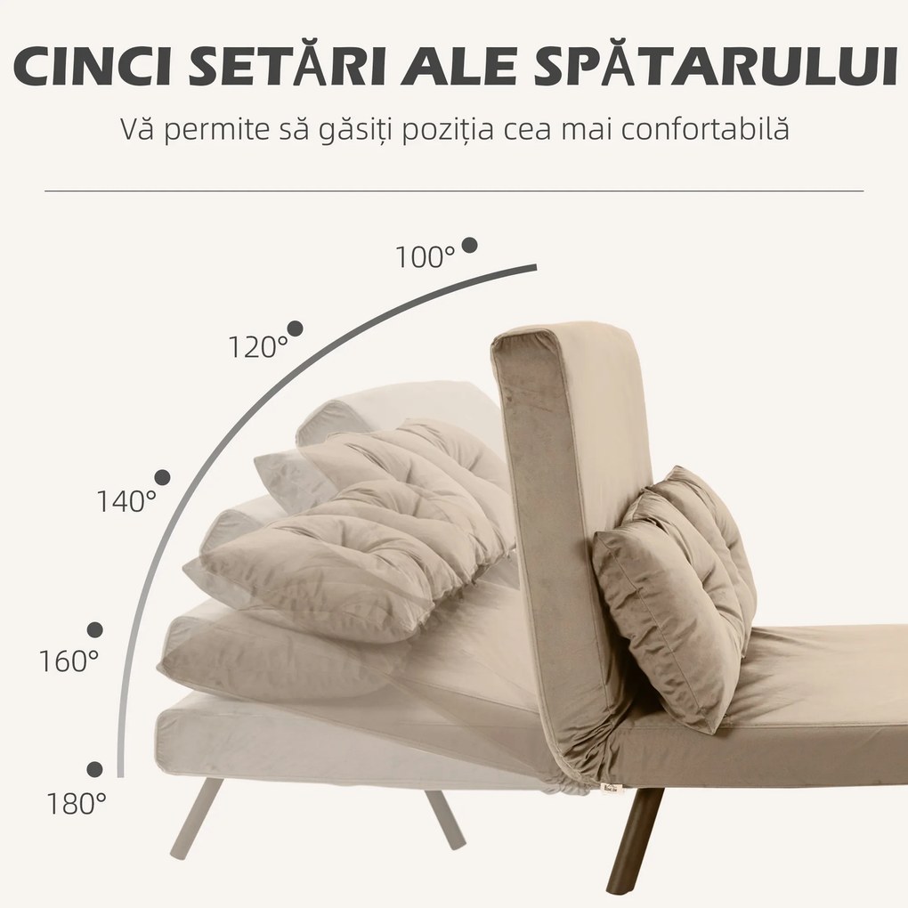 HOMCOM Canapea Pat de 2 Locuri cu Spătar Reglabil pe 5 Nivele și 2 Perne din Material Țesut Căptușit, 102x73x81 cm, Maro | Aosom Romania