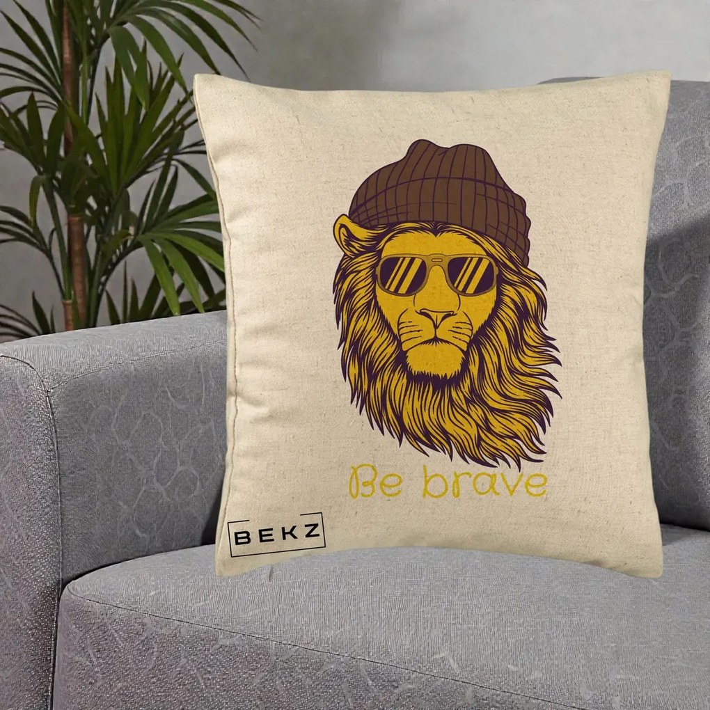 Perna Decorativa Leu Hipster Be Brave, 40x40 cm, Bej, Husa Detasabila, Perna Inclusa, BEKZ®