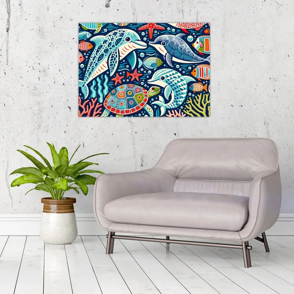 Tablou pe sticlă – Animale acvatice desenate (70x50 cm)