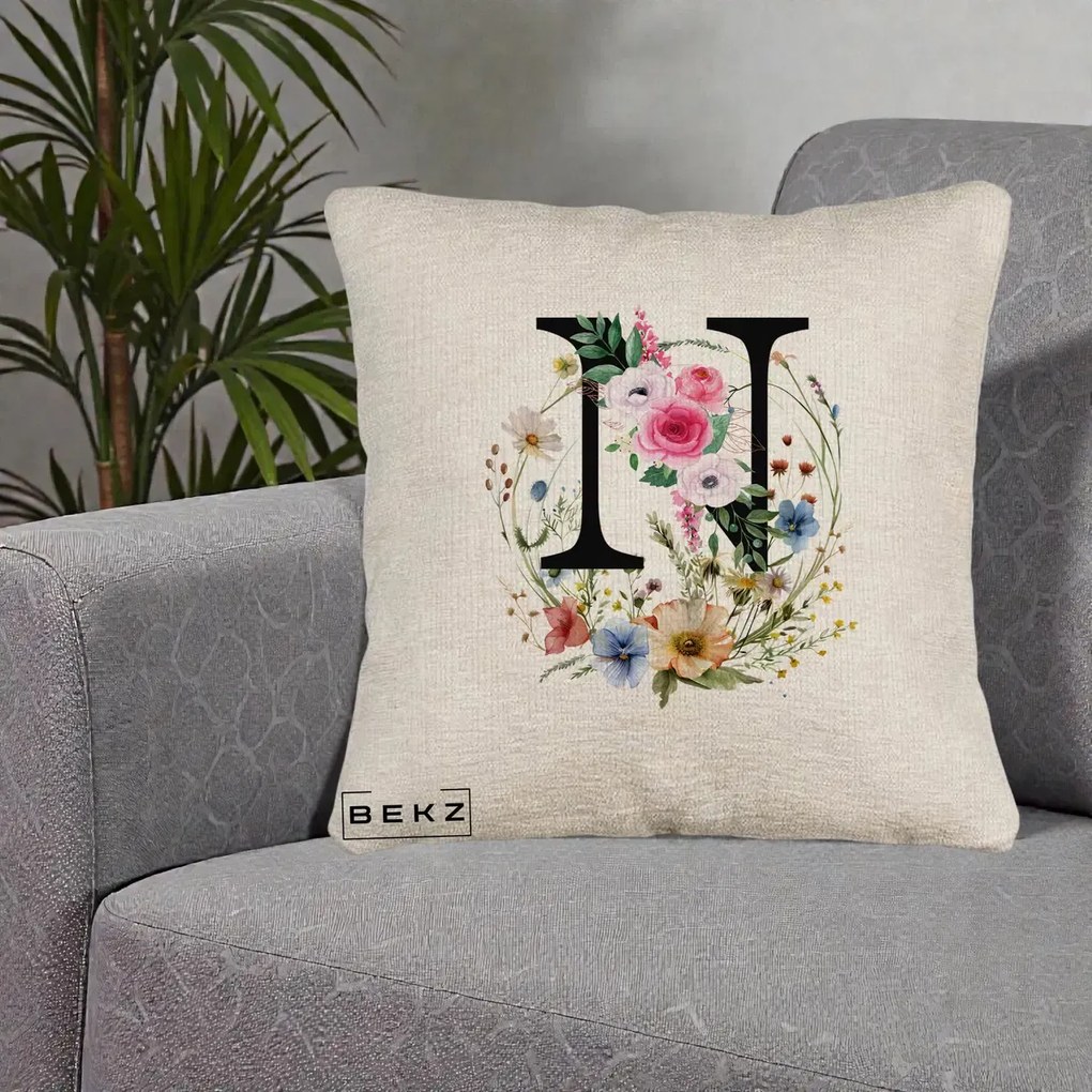 Cadou Personalizat - Perna Personalizata Monogram Litera N cu Flori Acuarela, 40x40 cm, Bej Canapea, Husa Detasabila, Perna Inclusa, BEKZ®