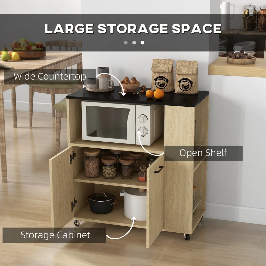 Cărucior de bucătărie din PAL cu raft deschis, dulap cu 2 uși și poliță laterală cu 2 niveluri, 75x40x80,5cm stejar și negru HOMCOM | Aosom Romania