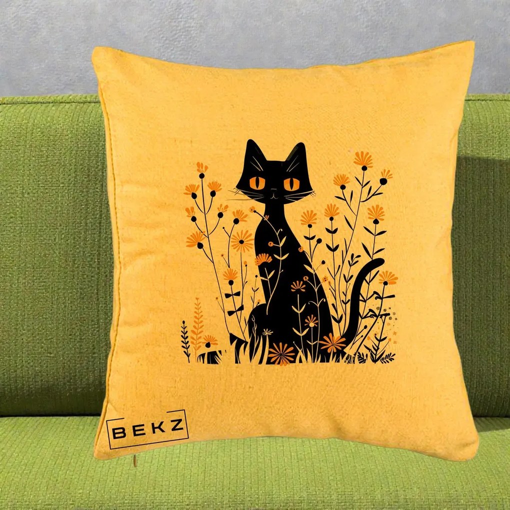 Perna Decorativa Pisica Neagra Ochi Galbeni Flori Galbene, 40x40 cm, Galben, Husa Detasabila, Perna Inclusa, BEKZ®