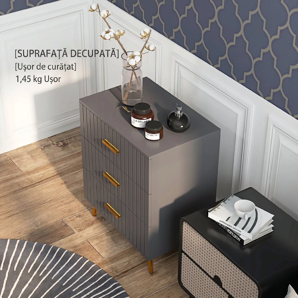 HOMCOM Comodă pentru Dormitor, Dulap Modern cu 3 Sertare,  Sertar de Depozitare cu Picioare din Aluminiu, 60x40x71.5 cm, Gri Închis