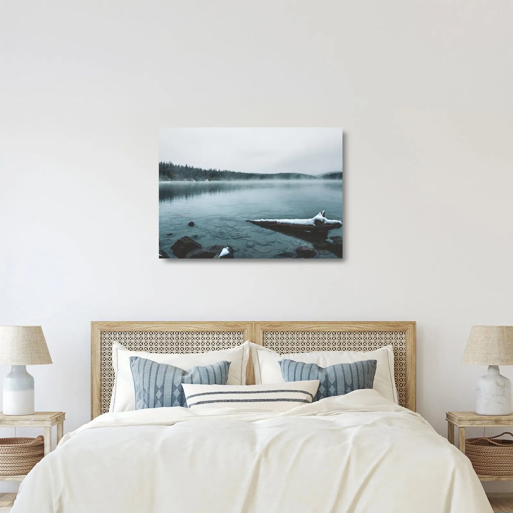 Tablou pe sticlă - lacul nordic înghețat (70x50 cm)