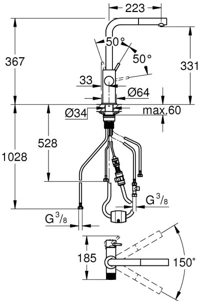 GROHE 30601000 - Baterie pentru chiuvetă BLUE PURE A cu furtun extractabil, crom lucios