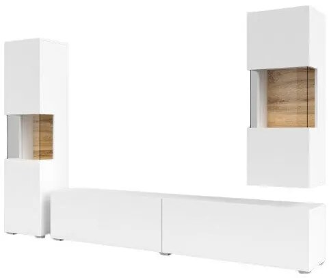 Mobilă pentru sufragerie Austin AR106Wotan stejar, Alb, Cu componente suplimentare, Părți separate, Cu comodă tv, PAL laminat, Sticlă călită, 216x30cm