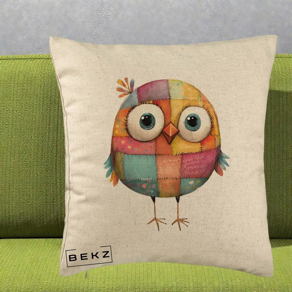 Perna Decorativa Pasare Patchwork Colorata, 40x40 cm, Bej, Husa Detasabila, Perna Inclusa, BEKZ®