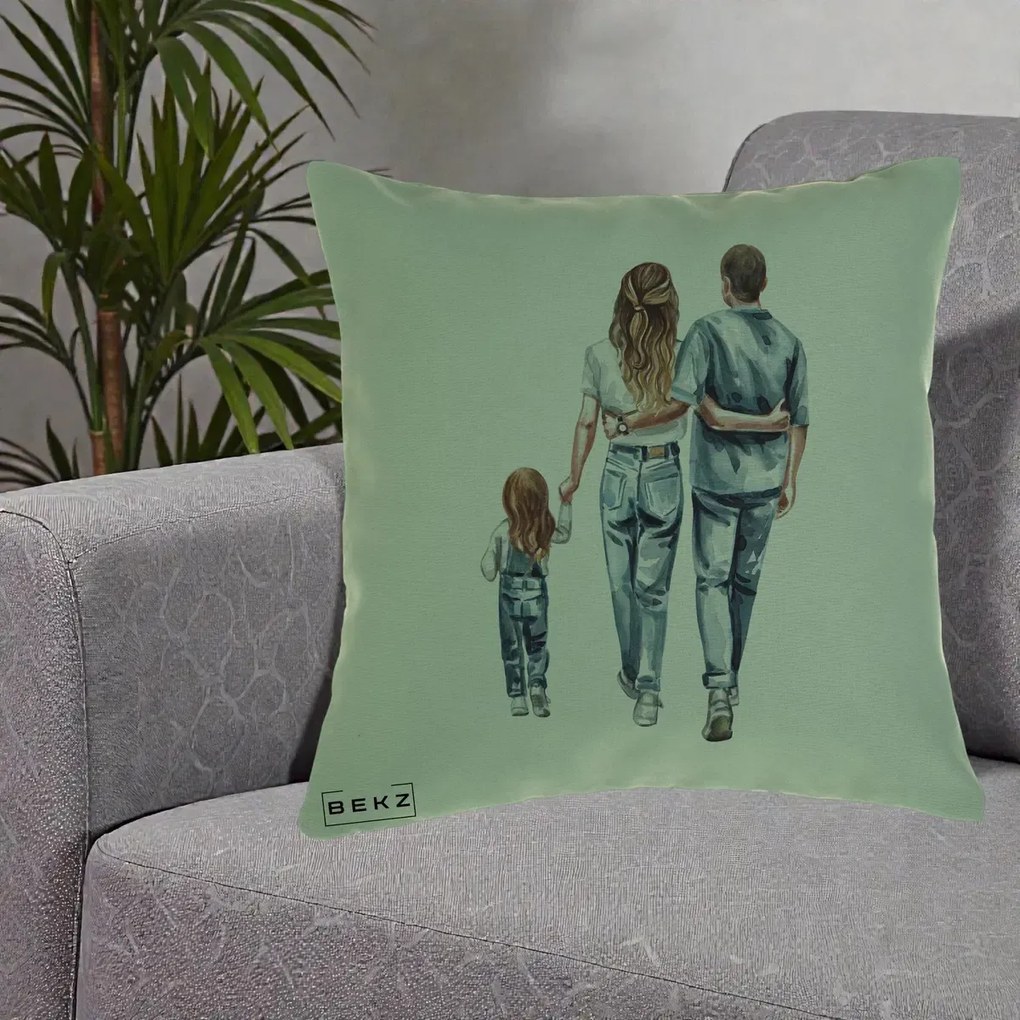 Cadou pentru Familie - Perna Personalizata Familie Acuarela Jeans, 40x40 cm, Verde, Husa Detasabila, Perna Inclusa, BEKZ®