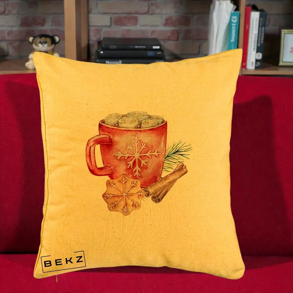 Perna Decorativa Cacao de Iarna cu Biscuit, 40x40 cm, Galben, Husa Detasabila, Perna Inclusa, BEKZ®