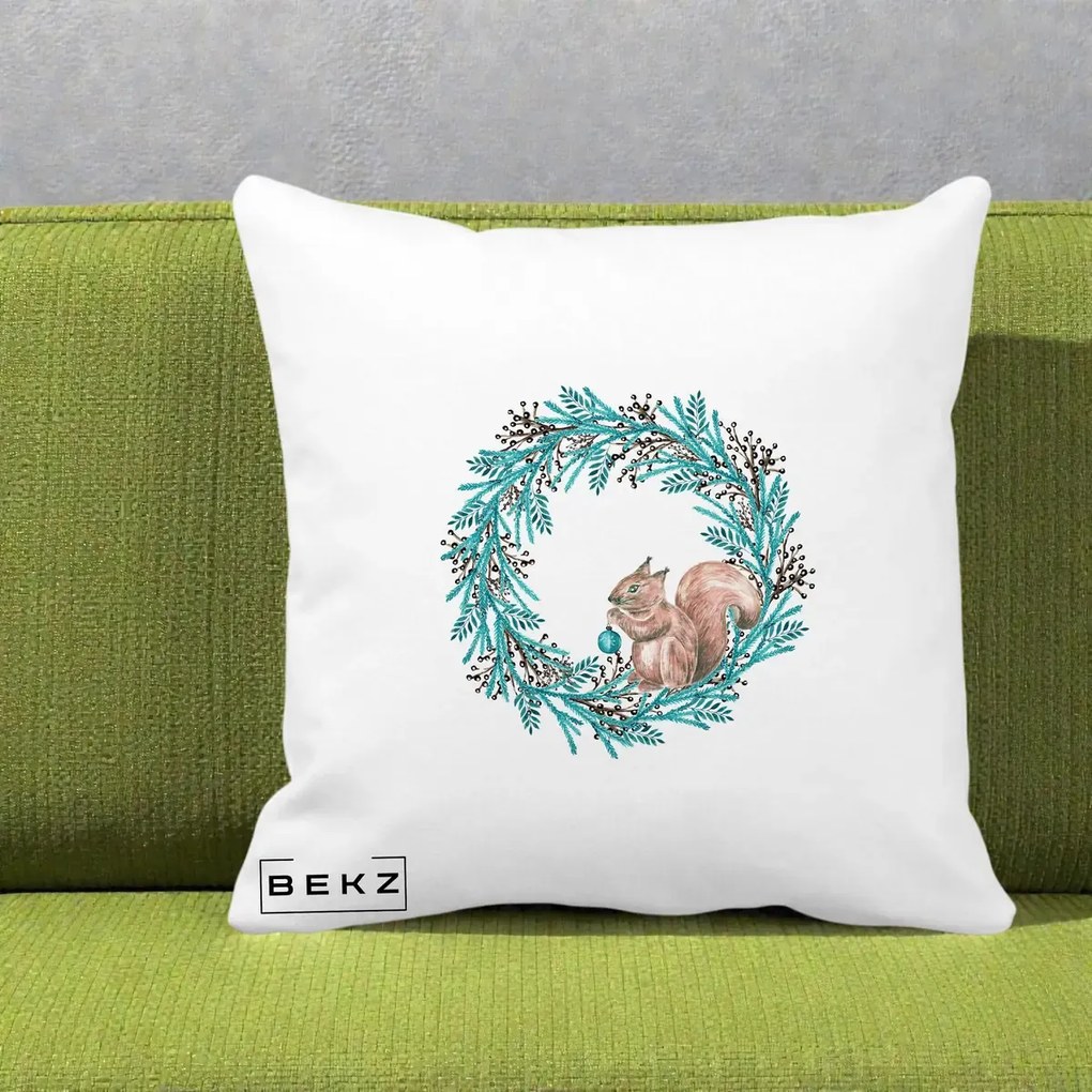 Perna Decorativa Coroana Turcoaz cu Veverita, 40x40 cm, Alba Mata, Husa Detasabila, Perna Inclusa, BEKZ®